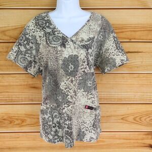 Actual Scrubs Top Womens Size L Brown Floral Cotton Blend Pockets V-Neck Medical